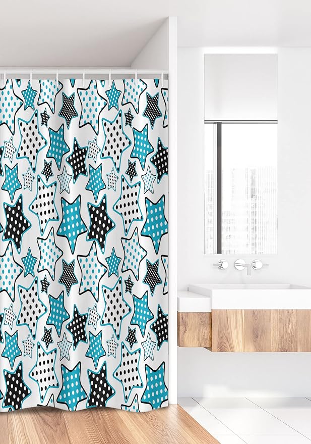 Ambesonne Cartoon Stall Shower Curtain, Stars Shapes Cartoon Illustration Geometry Cheer Celebration, Fabric Bathroom Decor Set with Hooks, 36" W x 72" L, Petrol Blue Black White