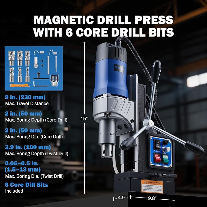ZELCAN Mag Drill Press with 6 Core Drill Bits, 1550W Magnetic Drill with 2" Boring Dia Reverse Drilling, 2922lbf Portable Electric Magnet Drill with Stepless Speed for Metal Surface Industrial Home