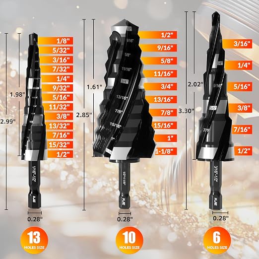 KJE 3PCS SAE 1/8" to 1-1/8" M35 Cobalt Step Drill Bit Set, 1/4" Hex Shank Metal Cutting Unibit Step Drill Bits(TiAlN Coated), Spiral Cone Drill for Stainless Steel, Sheet Metal, Wood & Plastic