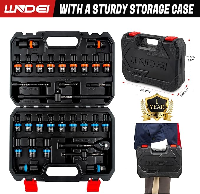 LLNDEI 1/4-Inch Drive Swivel Socket Set, 32Pcs Metric | SAE(5/32-9/16"), Wobble Sockets, 6 Point with Ratchet Wrench Handle, Extension Bars and Adapter, DIY mechanic & garage shop