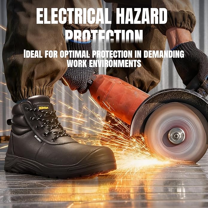 NINGO Steel Toe Work Boots for Men, Non Slip & Puncture Resistant Construction Boots with Breathable Lining, EH Protection, Comfortable Mens Safety Leather Work Shoes for Industrial, Walking Warehouse