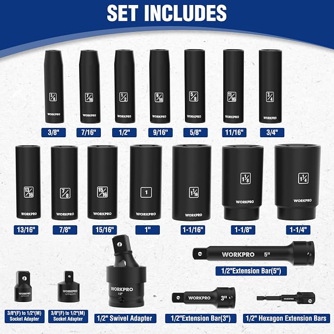 WORKPRO 20-Piece 1/2＂ Drive Deep Impact Socket Set, SAE | 6-Point, Cr-V Steel, 3/8"-1-1/4" Sizes, Universal Joint, Adapter, Extension Bar, Automotive Repair, Mechanical Work