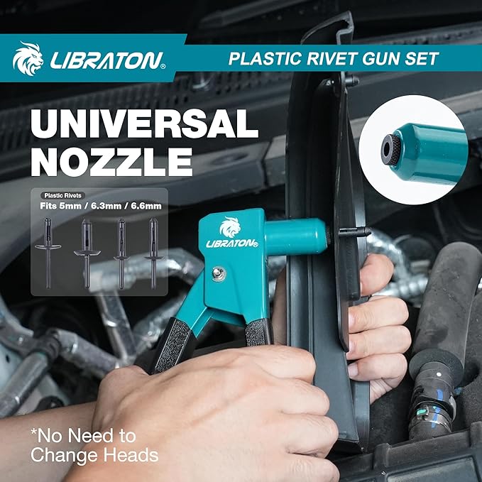LIBRATON Plastic Rivet Gun Kit, 90 Degree Angle Hand Riveter with 40 Nylon Rivets (4 Sizes), Universal Nosepiece for Automotive/Electronics, Ergonomic & 50% Lighter Force