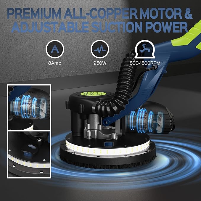 Drywall Sander, 2026 Upgraded 8-Amp Popcorn Ceiling Removal Tool with 7 Variable Speed 800-1800RPM, Drywall Sander with Vacuum Dust Collector with LED Light, Extendable Handle,12pcs Sanding Discs,Blue