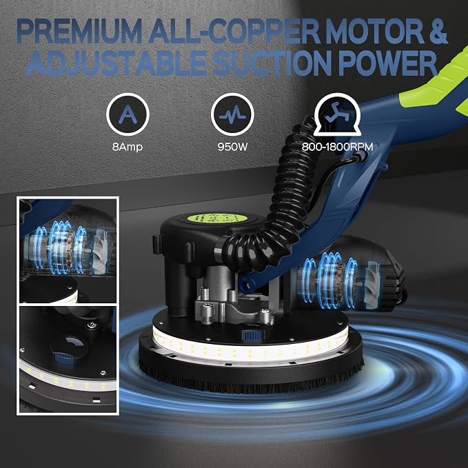 Drywall Sander, 2026 Upgraded 8-Amp Popcorn Ceiling Removal Tool with 7 Variable Speed 800-1800RPM, Drywall Sander with Vacuum Dust Collector with LED Light, Extendable Handle,12pcs Sanding Discs,Blue