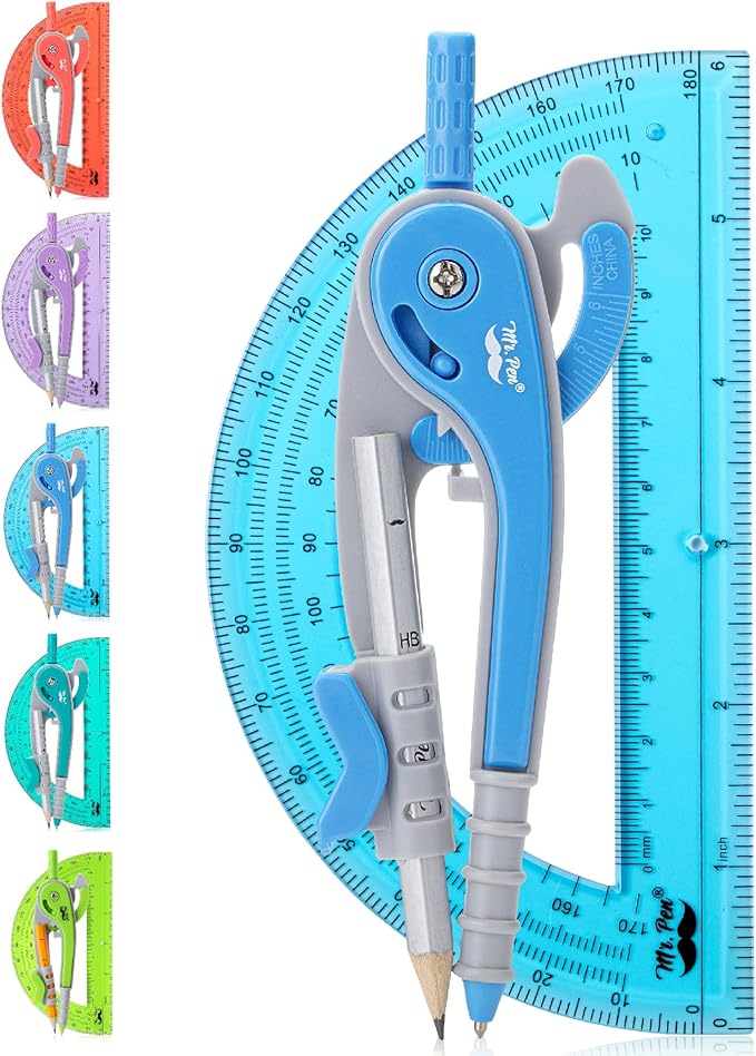Mr. Pen- Geometry Compass and Protractor Set, 6 Inch Compass, 6 Inch Protractor, Drawing Tool for School, Clear Plastic, Easy Grip, Precision Design for Math, Art, Drafting, Architecture