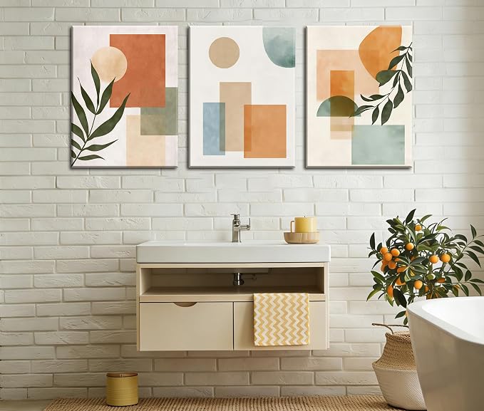 Frimeeme 3 Piece Boho Sun Canvas Wall Art, Geometric Botanical Framed Wall Decor, 12x16 Inches, Wall Art for Bedroom Living Room