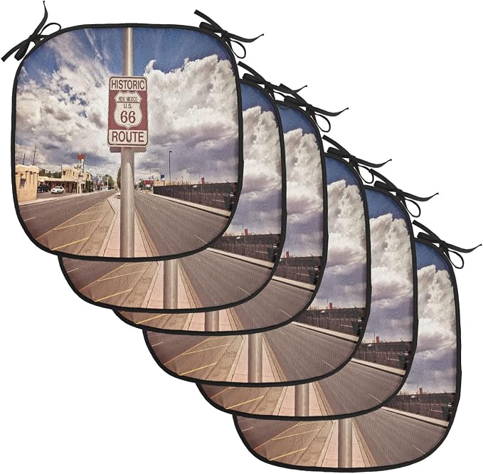 Lunarable Americana Chair Cushion Pads Set of 6, Historic New Mexico U.S 66 Route Sign Roadway Driving Roadside Scenery, Anti-Slip Seat Padding for Kitchen & Patio, 16"x16", Multicolor Dust Blue