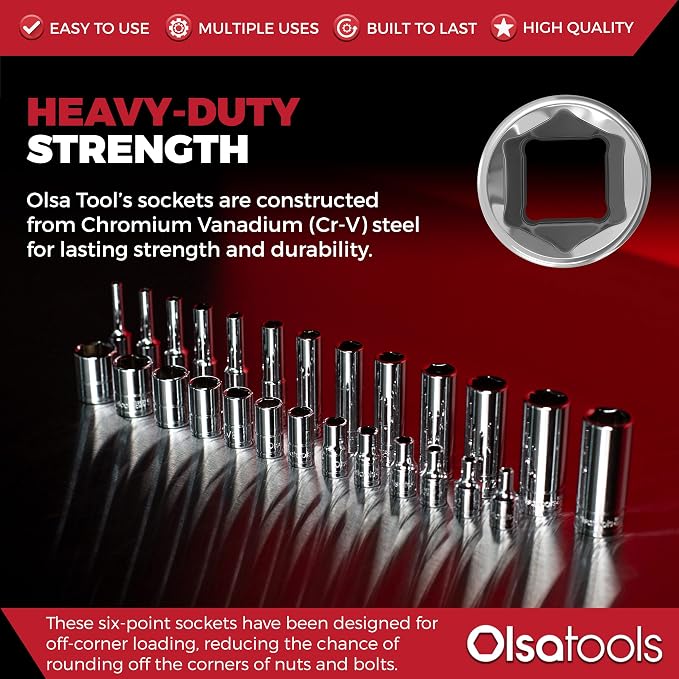 Olsa Tools 3/8-Inch Drive SAE Deep Socket Set - 13pc | 6-Point Chrome Vanadium Sockets, 1/4" to 1", No Skipped Sizes - Professional-Grade SAE Socket Sets - Part: 1332