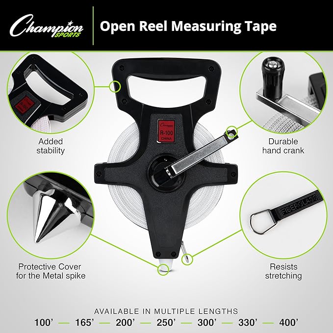 Champion Sports Open Reel Measuring Tapes – Durable Hand Crank with Metal Spike, Dual-Sided Feet & Meters, Perfect for Track & Field and Long Jump, 200 Feet/60 Meters