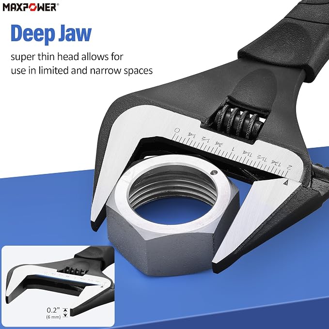 MAXPOWER 6 8 10-inch Adjustable Wrench Set, Wide Jaw Opening 1.4" 1.6" 2" | Soft Grips, Smooth Jaw, Stubby Plumbing Wrench Set