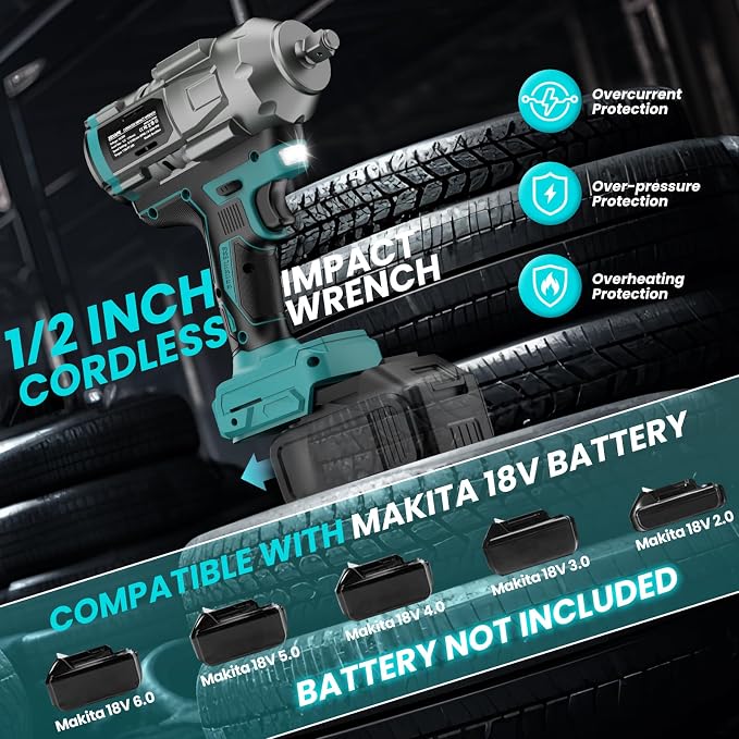 Cordless Impact Wrench 1/2 inch Compatible With Makita 18V Battery, Impact Wrench 1360N.m(950Ft-lbs) High Torque Brushless Electric Impact Gun, with 3-Mode Speed, LED Work Light(Tool Only)
