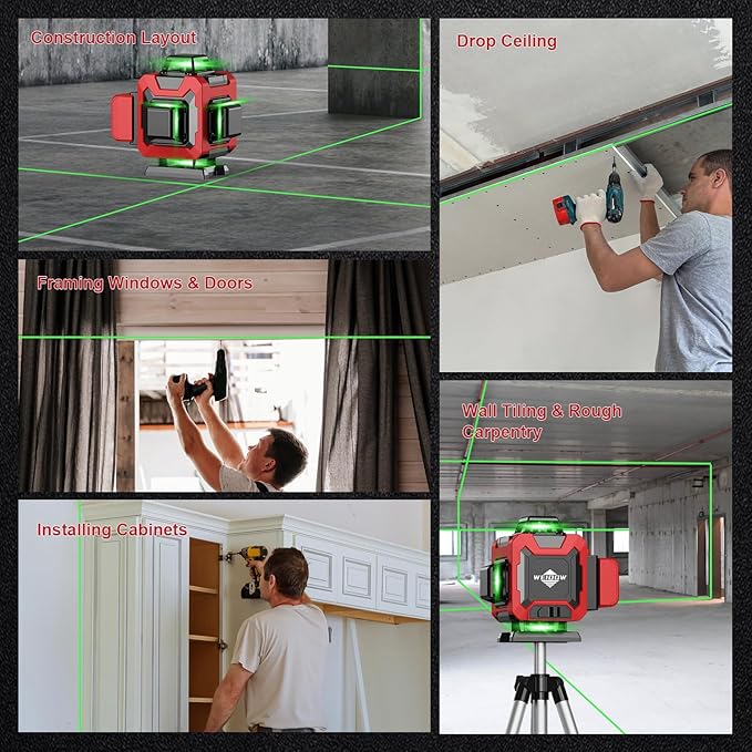 weiddw Laser Level with Tripod, Self Leveling Laser Level 4x360°, Green Line Laser 4D Laser Leveler Tool with 2Pcs Lithium Batteries for Picture Hanging, Tile, Home Renovation, Indoor
