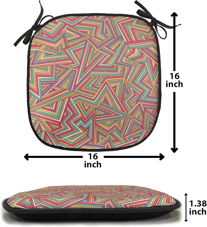 Lunarable Geometric Chair Cushion Pad, Abstract Pattern Stripe Illusion Geometry Angles Stars Structure, Seat Padding for Kitchen & Patio with Anti-Slip Backing, 16"x16", Magenta Orange