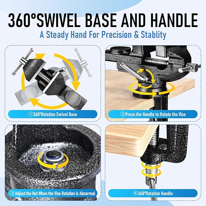 Table Vice 3 Inch Bench Vise Multipurpose Clamp-On Vice with Anvil,360° Swivel Base Portable Clamps Tools for Workbench,Woodworking,Cutting Conduit,Drilling,Sawing,Metalworking,Craft,DIY