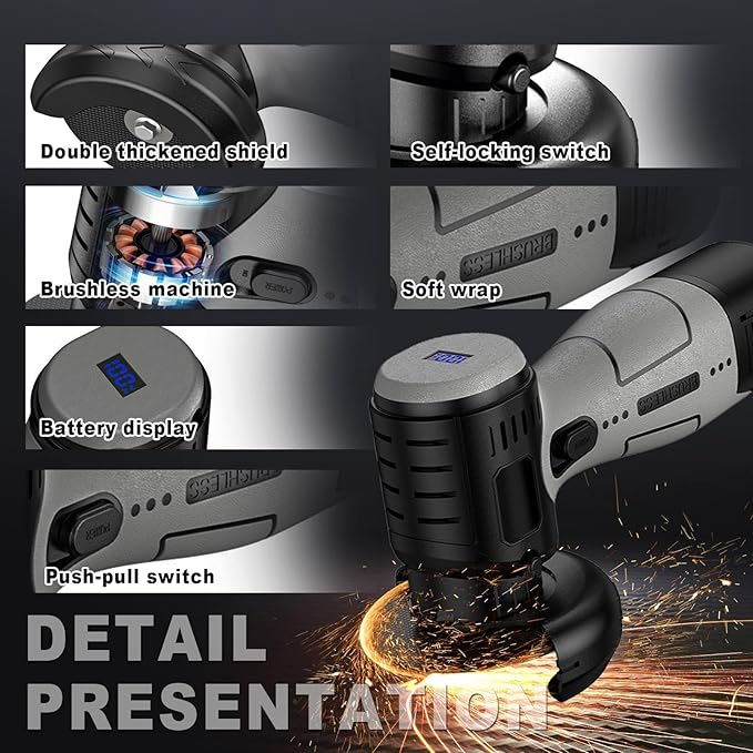 ZFULVO Brushless Cordless Angle Grinder Kit, 19500rpm Mini Electric Angle Grinding Tool with 2x16.8V 2000mAh Battery and 6-Cutting Discs, Grinder Handheld Cutter for Metal Wood