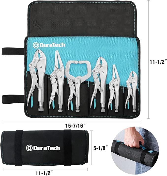 DURATECH 6-Piece Locking Pliers Set, CR-V Steel Vice Grip Pliers, Long Nose, Curved Jaw & C-Clamp, Fast Release, 5" 6" 7" 10" 6-1/2" 9-1/2", with Oxford Roll-Up Pouch