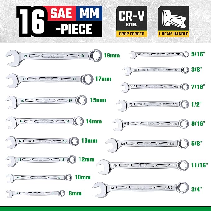 SK 16 Piece, 12 Point, SAE & Metric Chrome Combination Wrench Set | SK01368