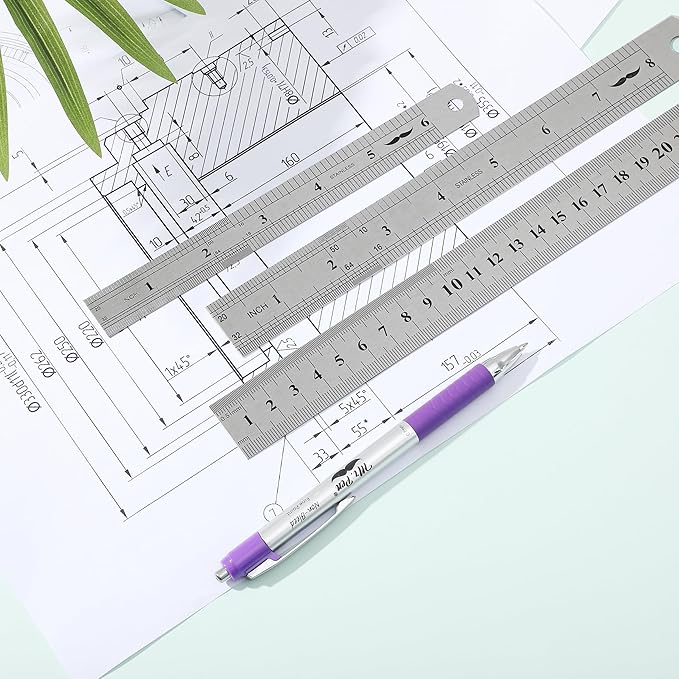 Mr. Pen- Metal Straight Edge Ruler, 3 pcs, 6", 8", 12", Stainless Steel Ruler Set, Imperial & Metric Measurements for Drawing, Home, Office, Engineering