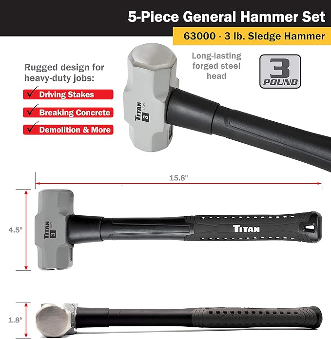 Titan 63125 5-Piece Hammer Set, Includes 16oz & 32oz Ball Pein, 32oz Rubber Mallet, 3lb Sledgehammer, & 3lb Cross Pein, Shock Absorbing Fiberglass Handles with Textured Grips