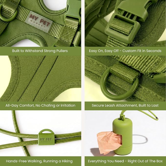 No Pull Dog Harness and Leash Set 3-in-1 Adjustable Anti Pull Dog Harness with Hands-Free Matching Leash,Poop Bag Holder,Easy Walk Dog Harness Medium Sized Dog(Olive Green)