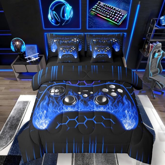 Erosebridal Boys Gamer Bed in a Bag Queen Comforter Set 7 Piece Ombre Art Honeycomb Sheet Set Blue Neon Lights Bedding Set Game Consoles Bed Set Geometry Hexagon Beehive Gaming Room Decor