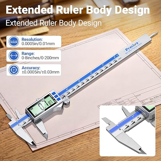 Preciva Digital Caliper 8 Inch, Rechargeable Stainless Steel Vernier Caliper with Large Display, Auto Off, Precision Inch/mm/Fraction Measuring Tool for DIY/Household/Woodworking