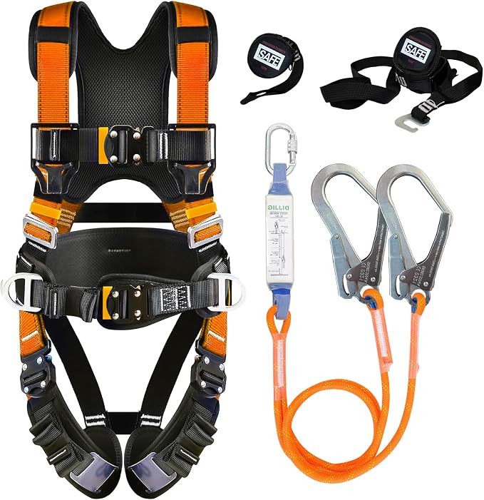 DIJJIG Safety Harness Fall Protection Kit with Shock Absorbing Lanyard | Safety Straps Upgrade Quick Buckles, Roofing Harness Construction Harness Para Construccion ANSI Compliant Orange