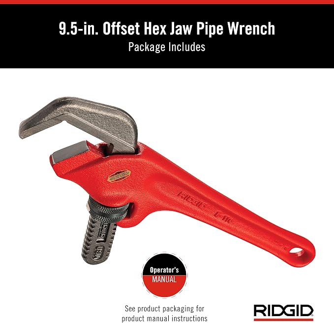 RIDGID 31305 Model E-110 9.5" Offset Hex Jaw Pipe Wrench, Red, Made in The USA