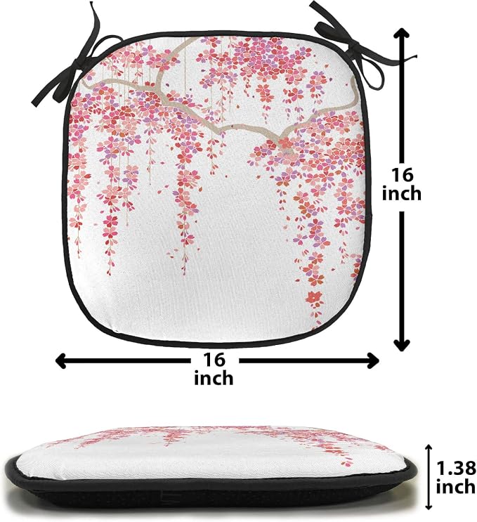 Lunarable Flower Chair Cushion Pads Set of 2, Cherry Blossom Trees Branch Springtime Happy Vacation Traveling Destinations, Anti-Slip Seat Padding for Kitchen & Patio, 16"x16", Pink Cocoa Purple