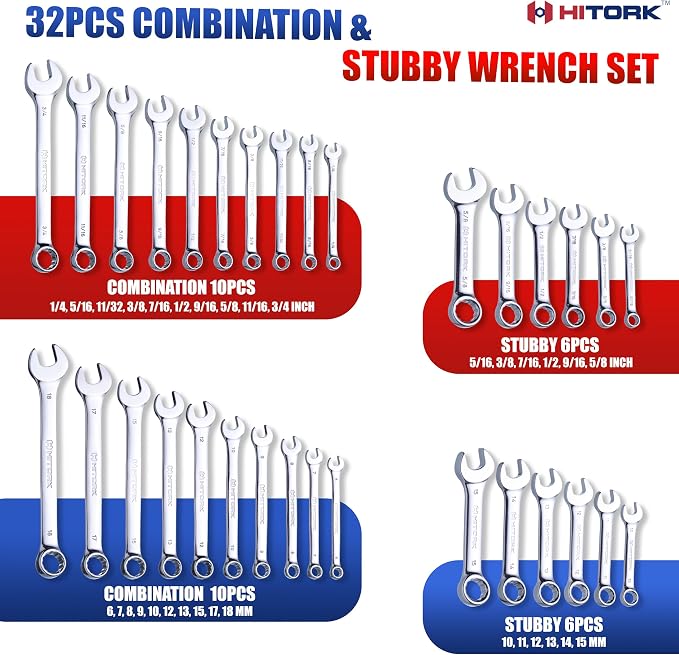 HITORK 32 Piece Combination Wrench Set, SAE and Metric, Standard and Stubby | 20 full length and 12 compact tools with 15° Offset Box ends and organizer tray improve access, control and tight space work