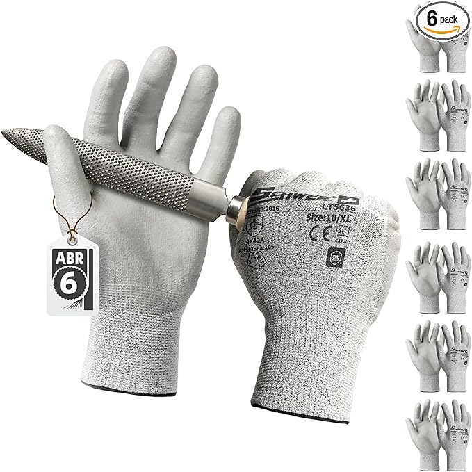 Schwer 6 Pairs Safety Work Gloves with Certified Level 6 Abrasion Resistance, ANSI A2 Cut Resistant Working Gloves with Grip for General Use, Construction, Gardening, Mechanic, 3D-Comfort, LT5636, XL
