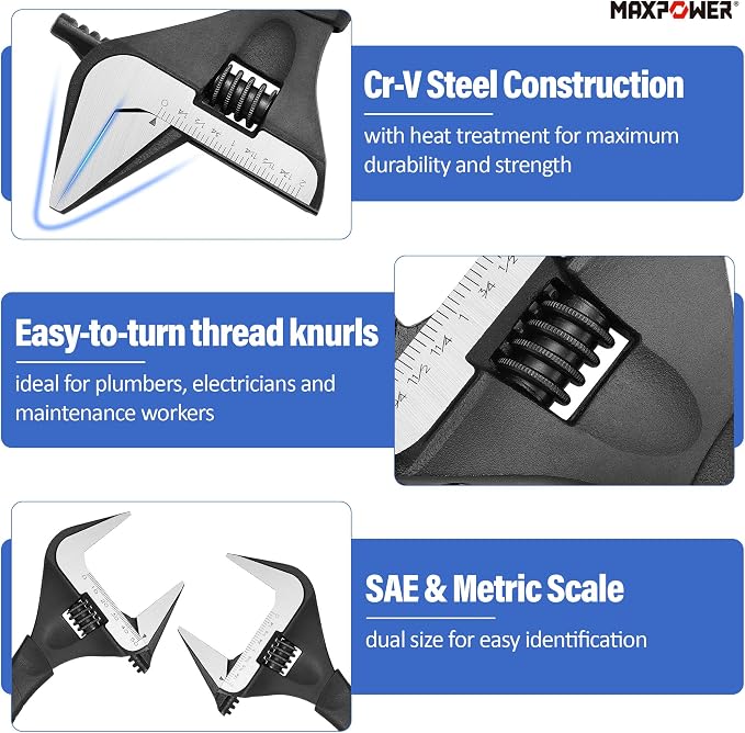 MAXPOWER 6 8 10-inch Adjustable Wrench Set, Wide Jaw Opening 1.4" 1.6" 2" | Soft Grips, Smooth Jaw, Stubby Plumbing Wrench Set