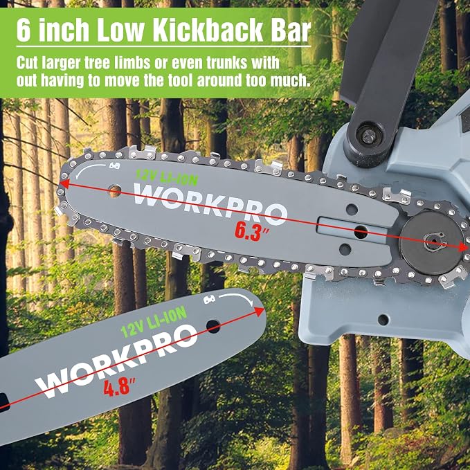 WORKPRO Mini Chainsaw, 6.3" Cordless Electric Compact Chain Saw with 2 Batteries, One-Hand Operated Portable Wood Saw with Replacement Guide Bar and Chain for Garden Tree Branch Pruning, Wood Cutting