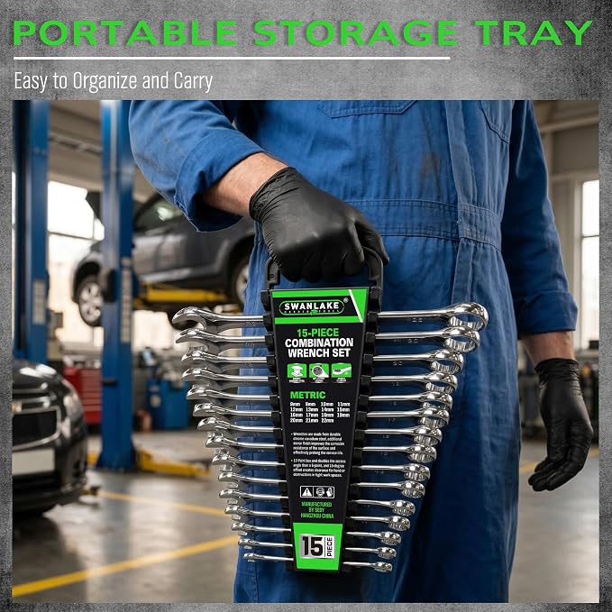 SWANLAKE 15-Piece Metric Combination Wrench Set, 12-Point Max Torque Open End Wrench Set, Cr-V Steel Wrenches 8, 9, 10, 11, 12, 13, 14, 15, 16, 17, 18, 19, 20, 21, 22mm with Storage Rack