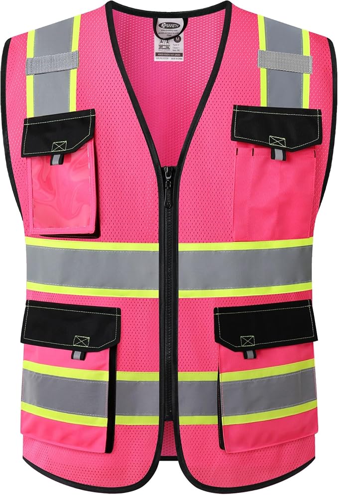 JKSafety Hi Vis Reflective Safety Vests for Men Women High Visibility Vest with Pockets Mesh Fabric Construction Safety Apparel Neon Vest for Work (220-Pink XXL)