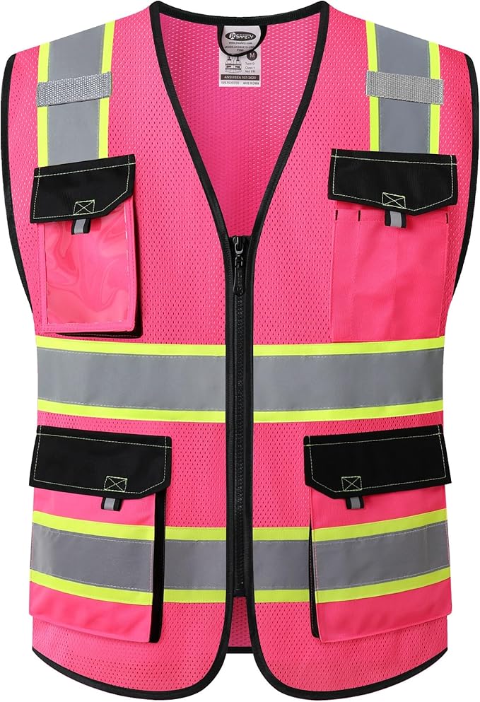 JKSafety Hi Vis Reflective Safety Vests for Men Women High Visibility Vest with Pockets Mesh Fabric Construction Safety Apparel Neon Vest for Work (220-Pink XXL)