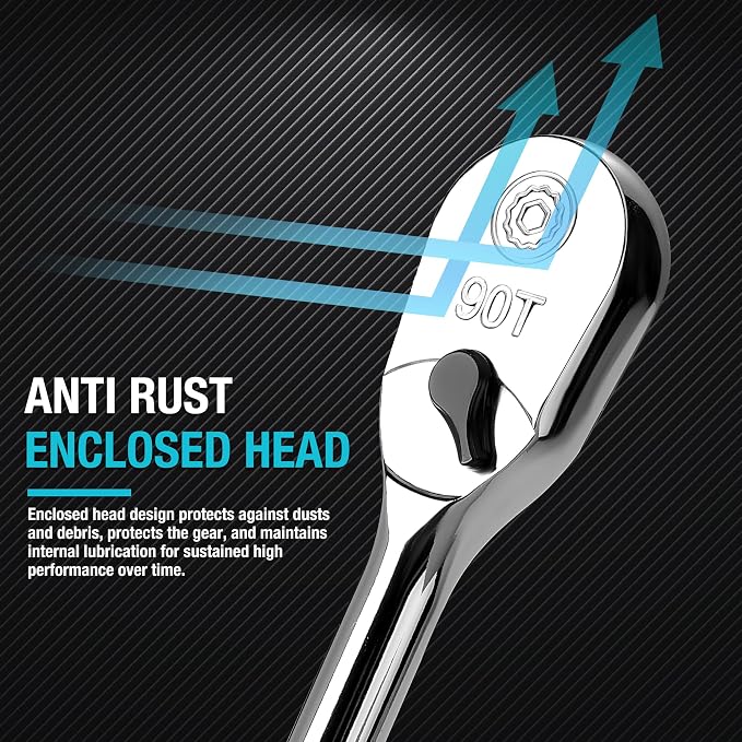 DURATECH Extra Long Handle 1/2-Inch Drive Ratchet, 90-Tooth Ratchet Wrench | Socket Wrench with 15" Handle and Dust Proof Teardrop Enclosed Head, Reversible, CR-V Steel Made, CR-MO Head, Full Polished
