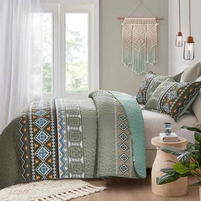 WONGS BEDDING Green Boho Quilt Set Full,3 PCS Summer Quilt Bedspread Lightweight Geometry Printed Coverlet Set with 2 Pillowcase,Soft Bohemian Bedding Set 78''×90''