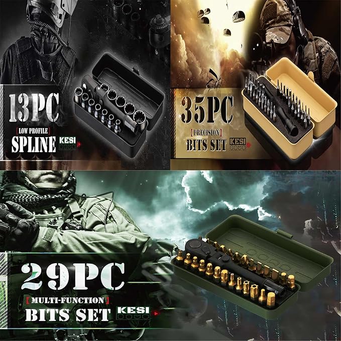 KESI Tool 77-Piece Torx bit Set Fully Armed Set with Waterproof Camera Hard Protective Case with 29-Piece 1/4" Multi Function Bits Set & 13-Piece 1/4" Spline Set & 35-Piece Precision Bits Set (Green)