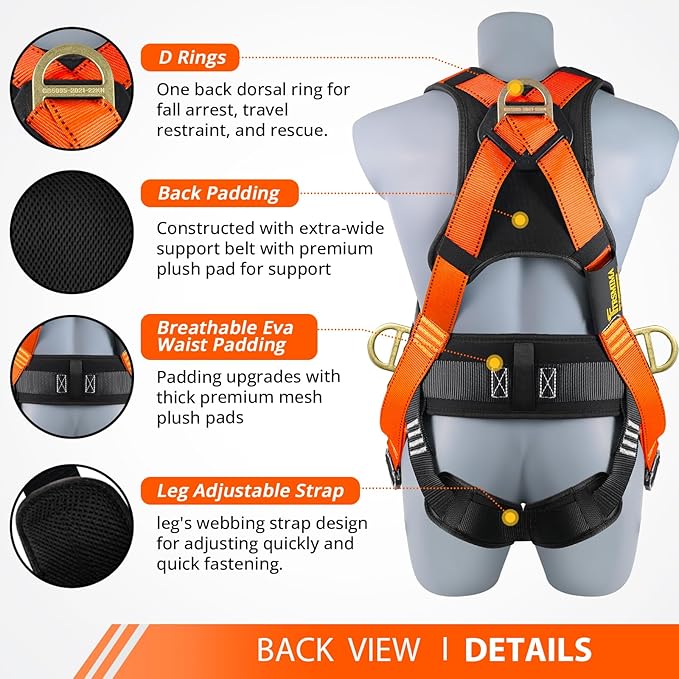 TRSMIMA Safety Harness Fall Protection - Harness Kit for Men Construction | Fall Arrest Roofing Harness Kit Men Full Body Harness with Lanyard for Work Upgrade 4 Quick Buckles Orange