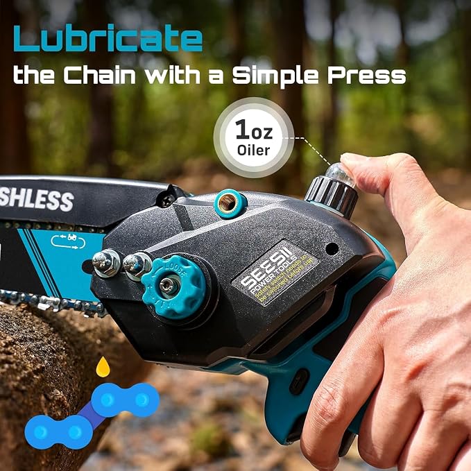 SEESII Mini Chainsaw Cordless, 8 Inch & 6 Inch Electric Chainsaw with 2 Batteries & Auto Oiler, 1000W Brushless Handheld Chain Saw for Tree Branch Wood Cutting, Garden Tools Gift for Men Dad Husband