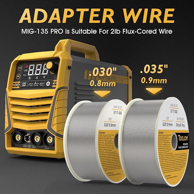 TOOLIOM 135A Gasless Flux Core MIG Welder 110V MIG Welder Flux MIG/Lift TIG/Stick 3 in 1 Welding Machine IGBT DC Inverter with LCD Display