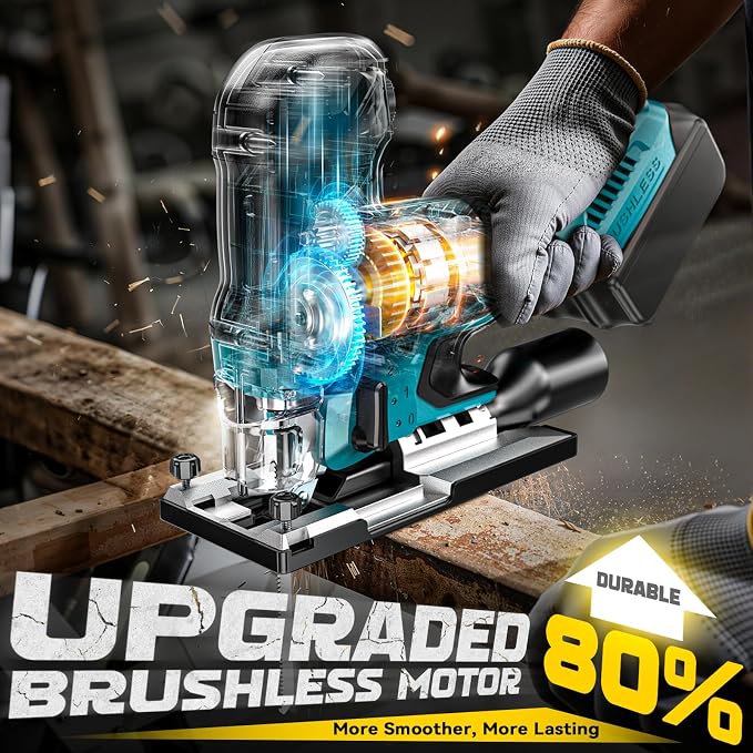 Ecarke Cordless Jig Saw Compatible With Makita 18V Battery, Brushless Motor 3800RPM, 7 Speeds Dial Control, Free-Tool ±45° Bevel Cuts, 4 Orbital Action, Dust Blows and 6 Blades For Cutting, Tool Only