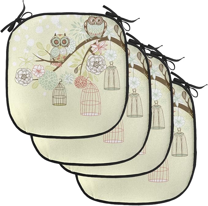 Lunarable Owls Chair Cushion Pads Set of 4, Winter Floral Background Blossoms Owls Out of Their Cages Birdcage Freedom, Anti-Slip Seat Padding for Kitchen & Patio, 16"x16", Pale Green Brown White