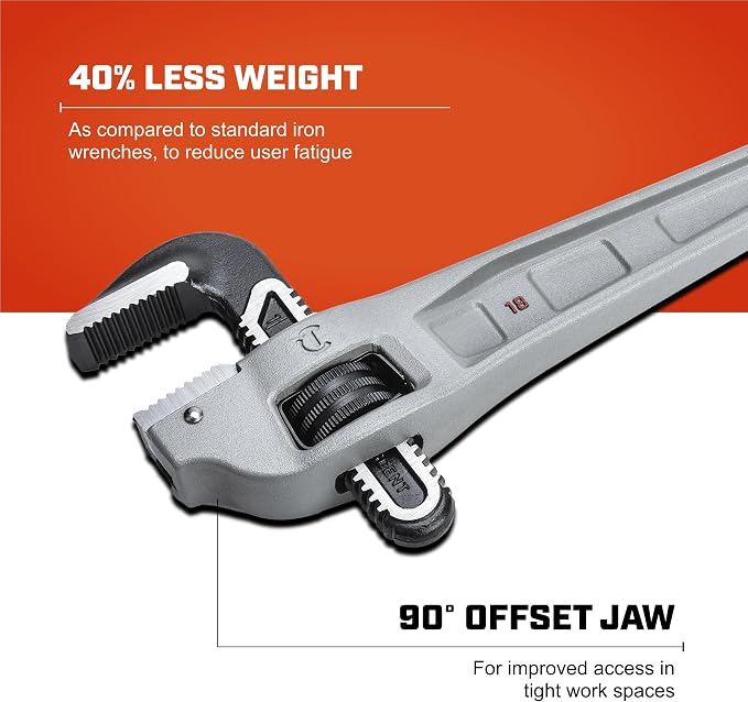 Crescent 18" Aluminum Offset Handle Pipe Wrench | CAPW18F | Heavy-Duty Plumbing Tool for Tight Areas, Adjustable Home Repair Hand Tool