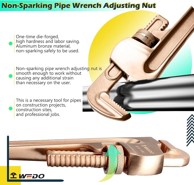 WEDO Pipe Wrench 50 * 350mm,Non-Sparking Pipe Wrench,Spark-Free Straight Plumbing Wrench,Beryllium Copper