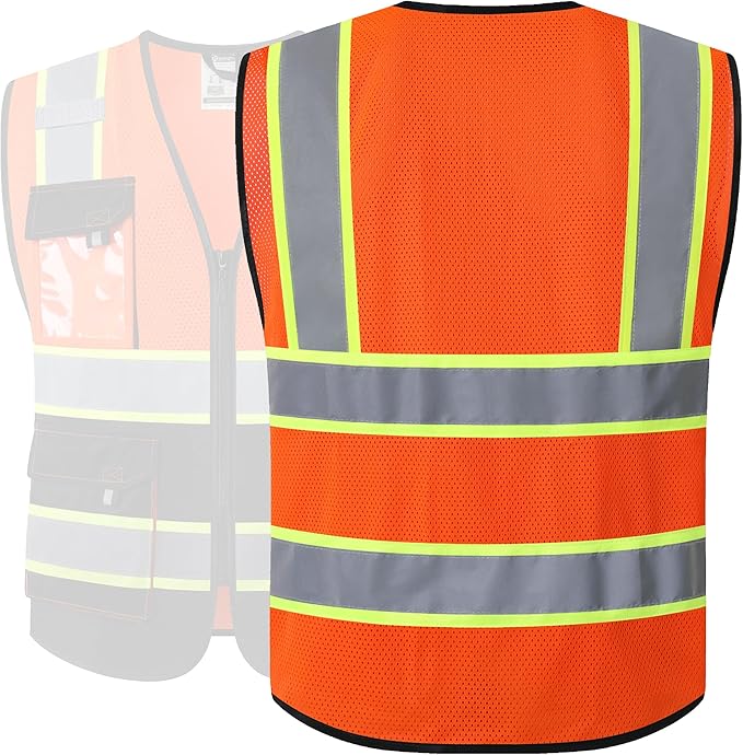 JKSafety Hi Vis Reflective Safety Vests for Men Women High Visibility Vest with Pockets Mesh Fabric Construction Safety Apparel Neon Vest for Work (220-OBlack L)