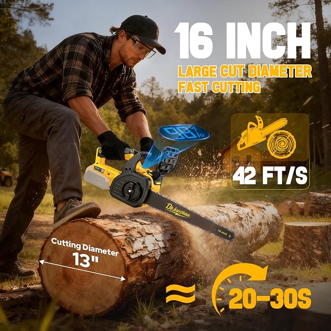 16 Inch Electric Chainsaw Compatible with Dewalt 20V/60V MAX Battery (Tool Only), Brushless Cordless Chainsaw with Auto Oiler, Battery Level Screen, 3 Chains, Handheld Pruning Saw for Tree Branch
