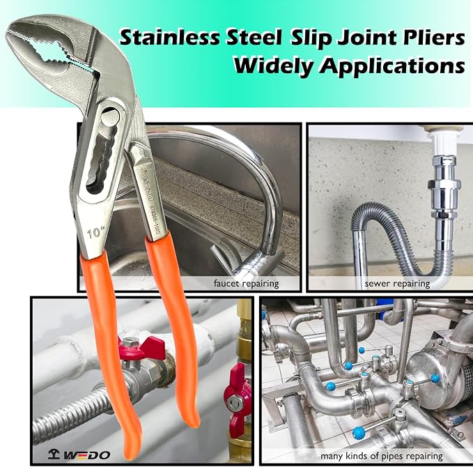 WEDO Slip Joint Pliers, 10-inch Tongue and Groove Pliers,Stainless Steel V-Jaw Groove Joint Pliers, Jaw Capacity 1.3"(32mm),Length 250mm(10"),Quick Release Water Pump Pliers,Non-slip Handle